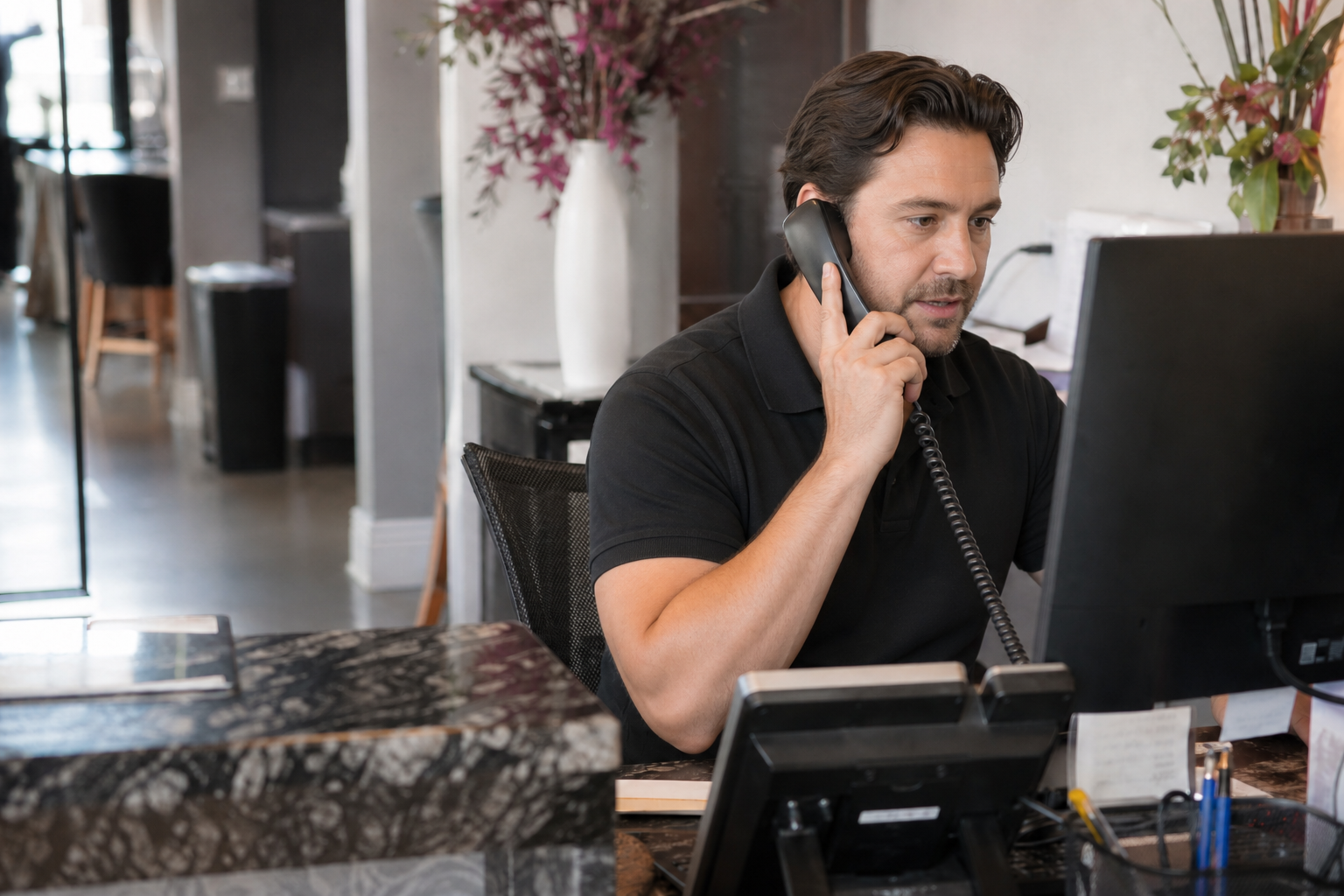 Office worker noticing a missed call while a recovery workflow helps capture the lead